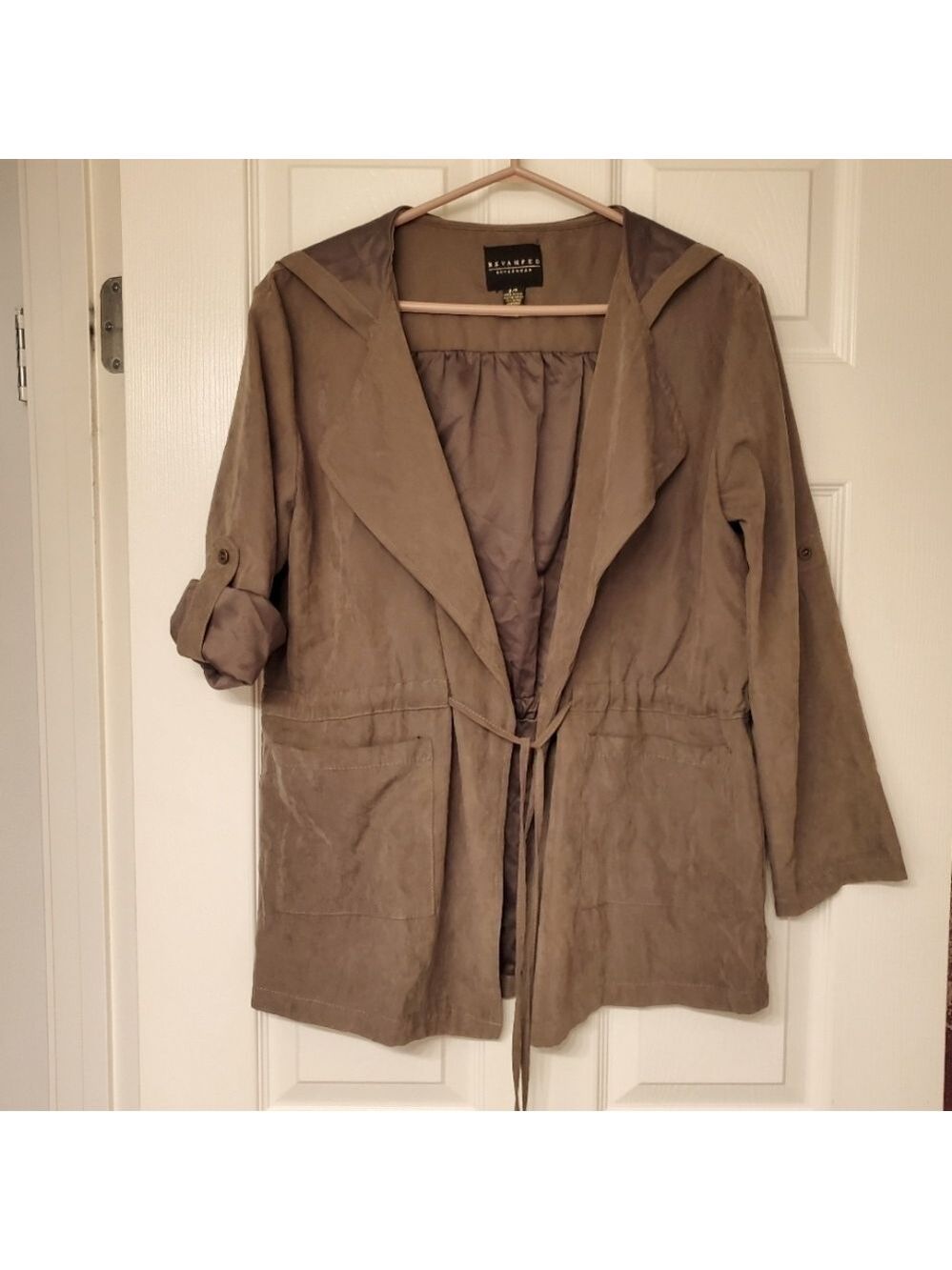 Revamped Outerwear Faux Suede Hooded Drawstring Utility Jacket Khaki Small